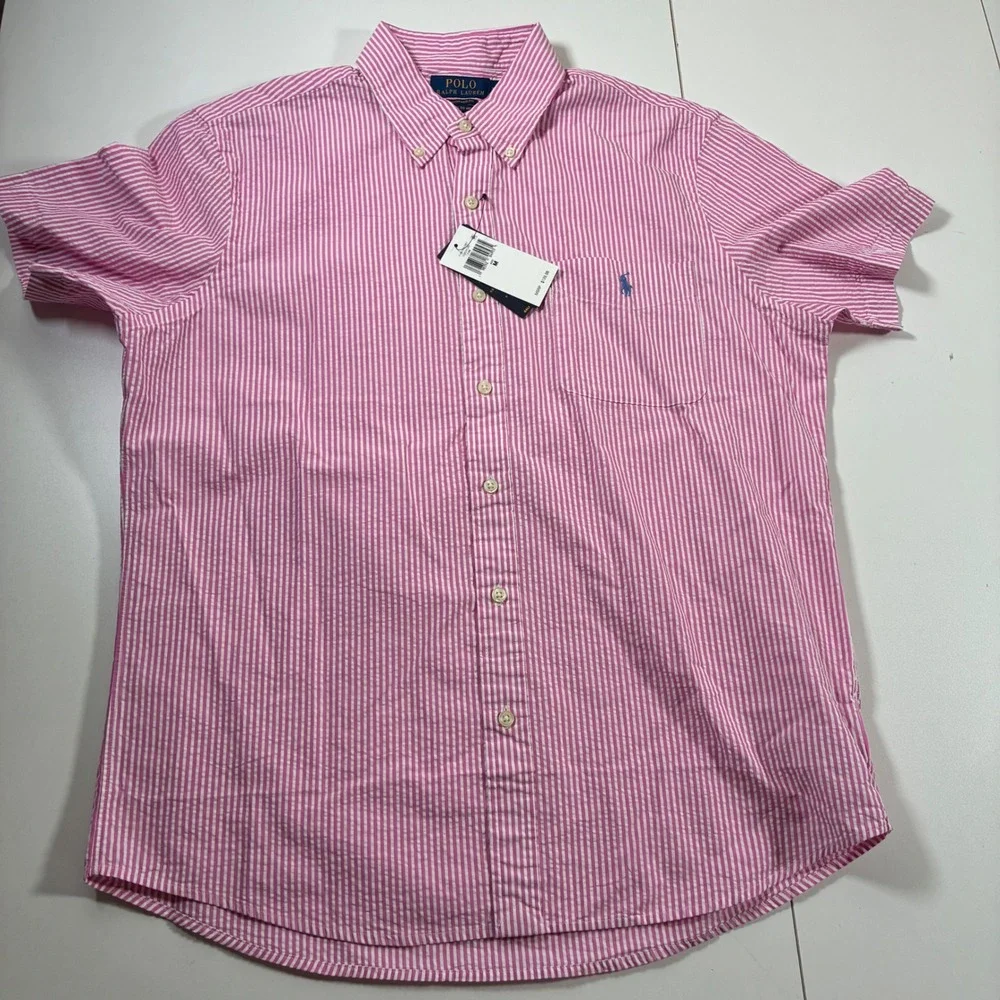 NEW Polo Ralph Lauren Seersucker Shirt Medium Pink Striped RL Untucked Fit